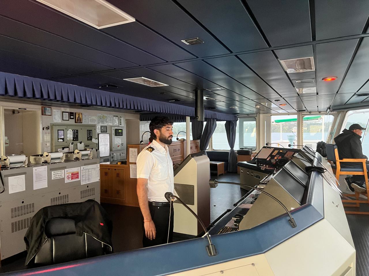 Officer on the bridge of a merchant ship
